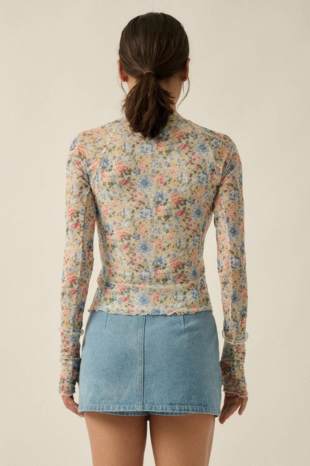 Floral-Print Mesh Mock-Neck Cropped Long-Sleeve Top