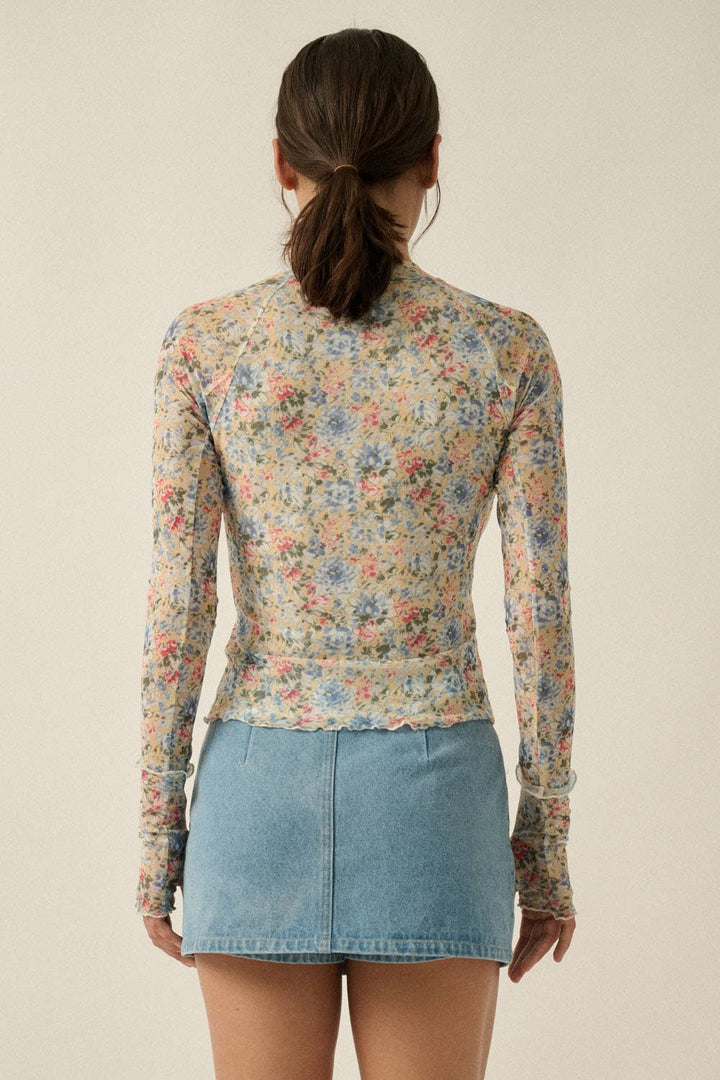 Floral-Print Mesh Mock-Neck Cropped Long-Sleeve Top