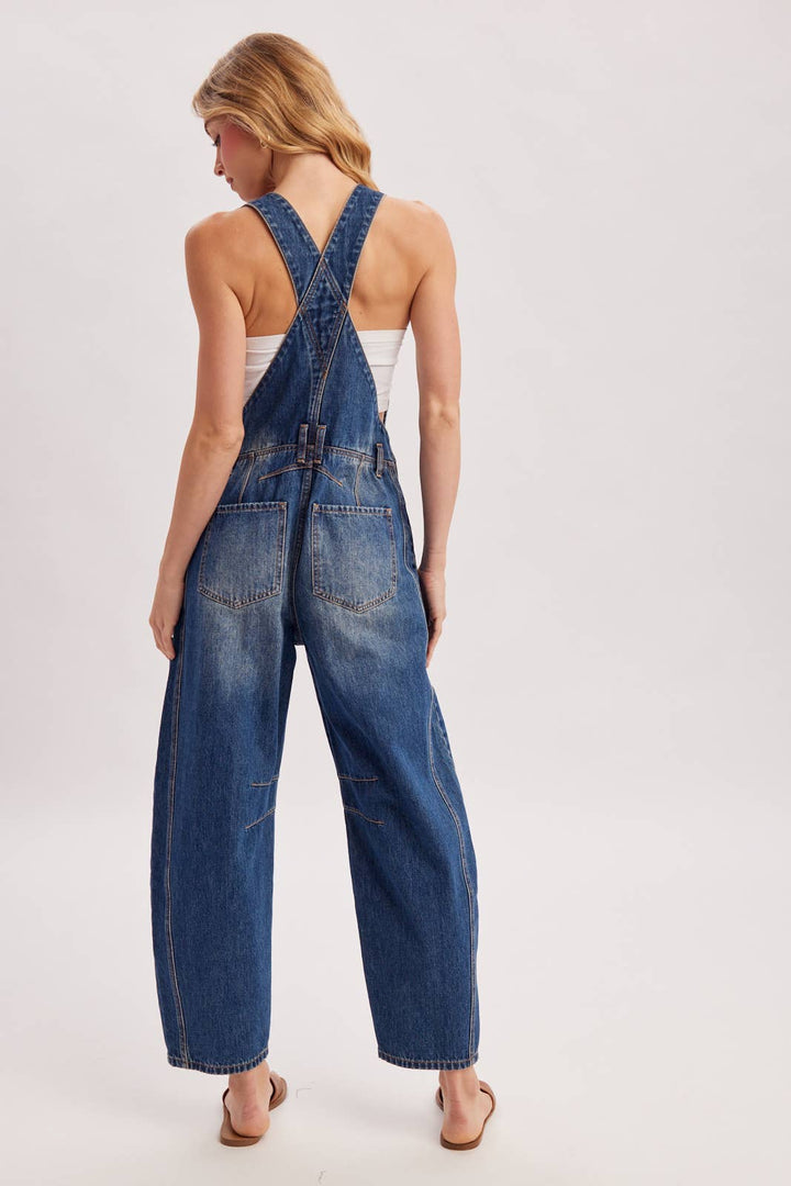 DENIM BARREL OVERALLS: DK.WASH / S
