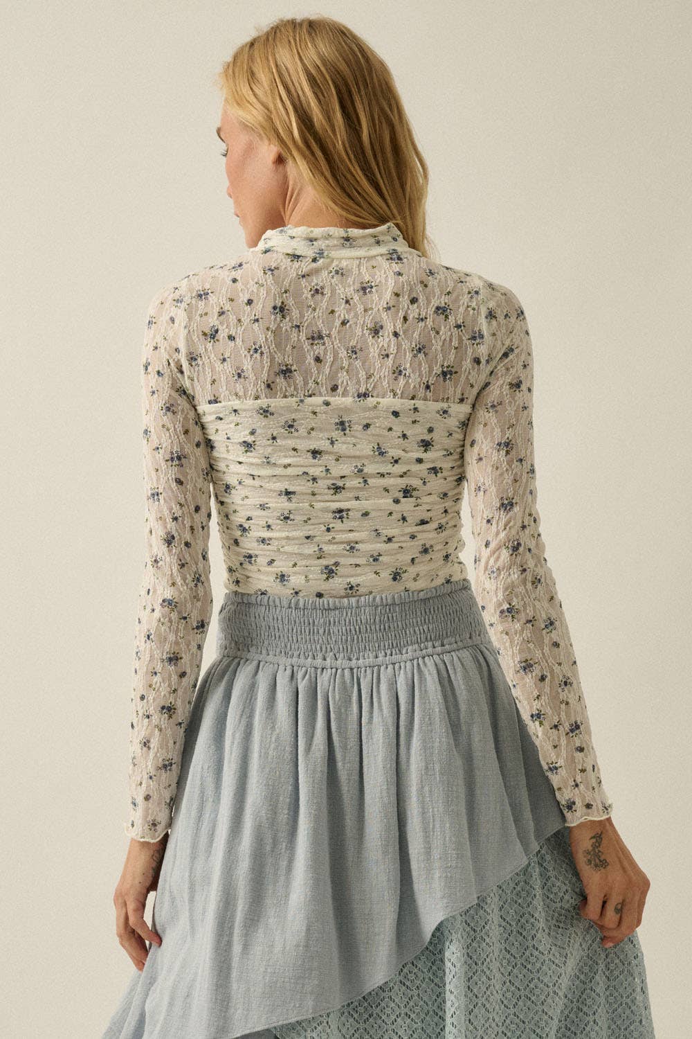 Floral-Print Lace Layered Ruched Mock-Neck Bodysuit
