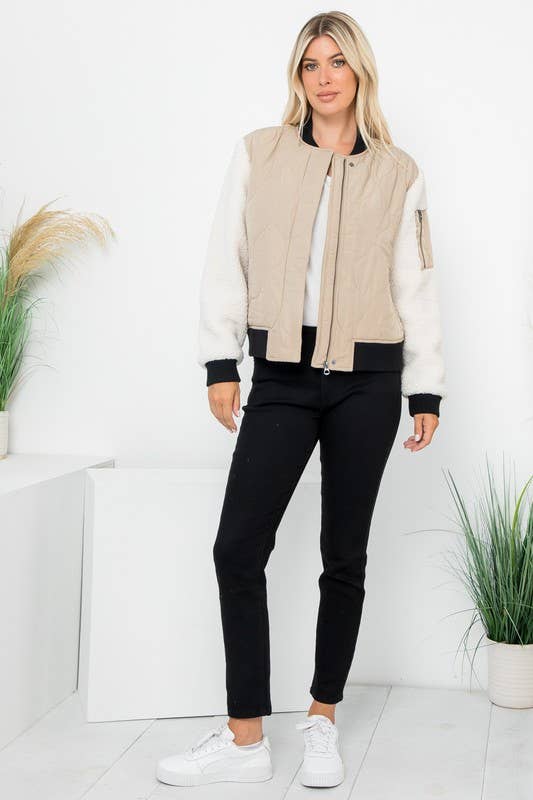 Quilted Bomber With Sherpa Sleeves