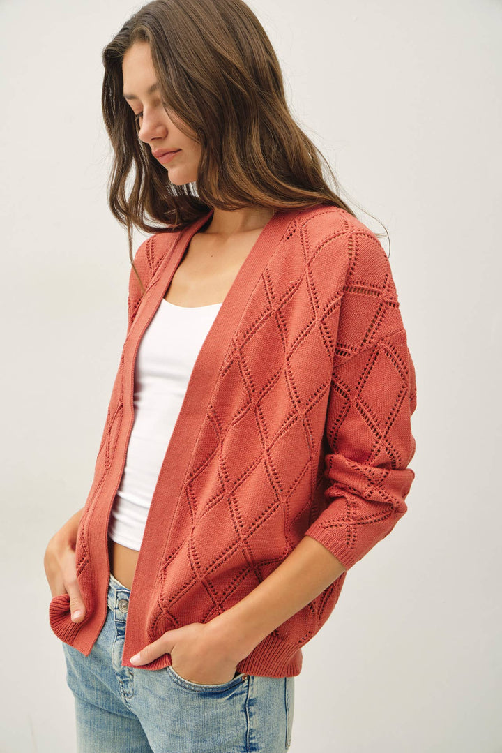POINTELLE KNIT OPEN FRONT CARDIGAN