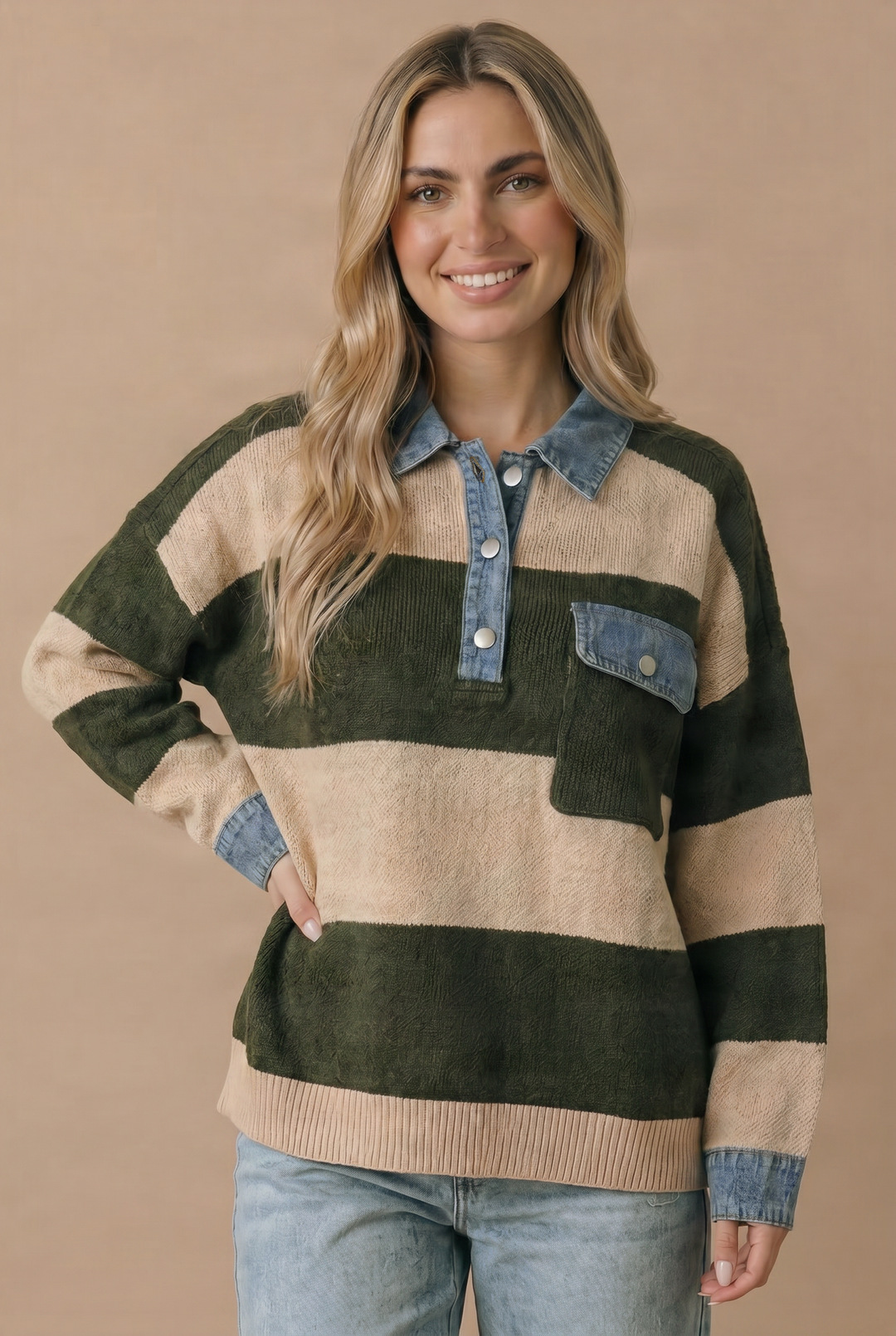 Striped Denim Collar Sweater Knit Top