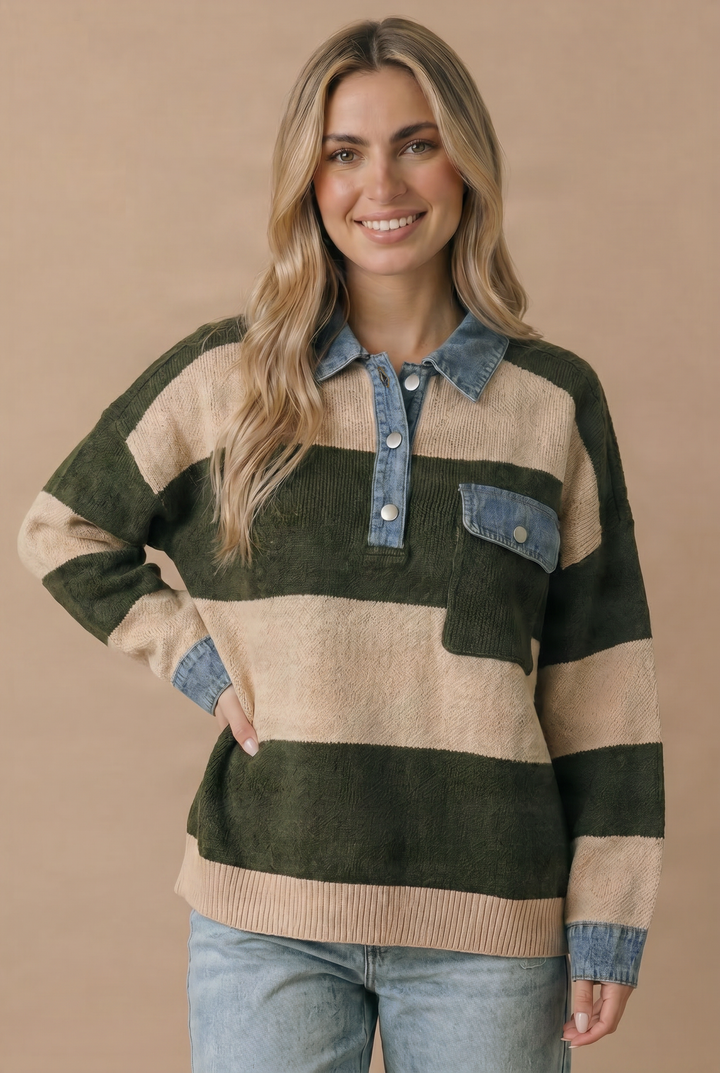 Striped Denim Collar Sweater Knit Top