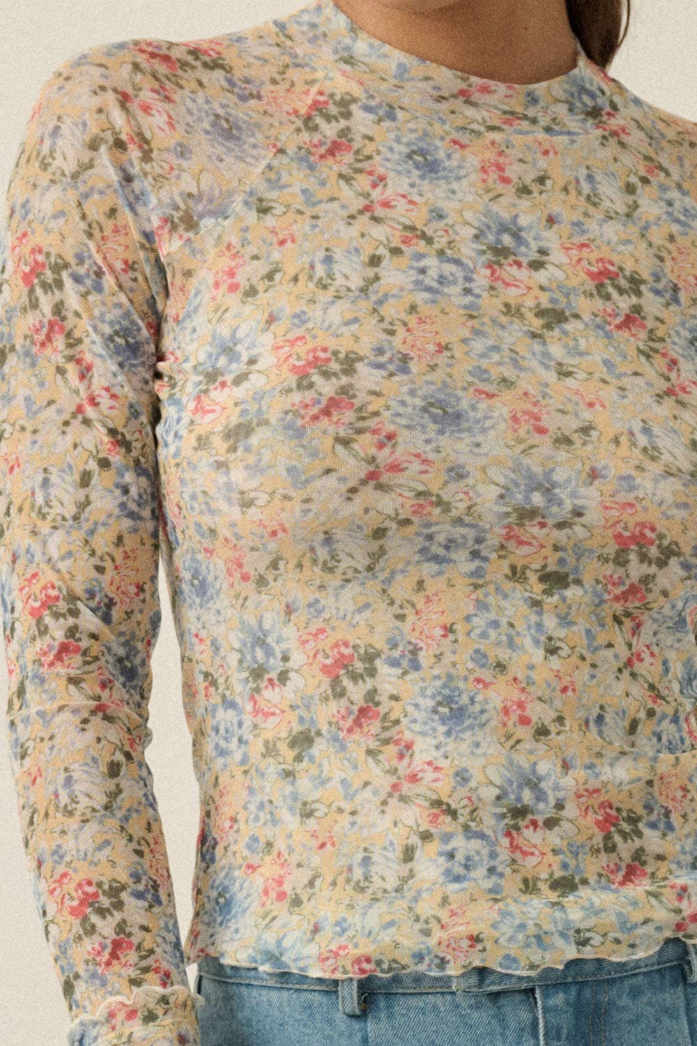Floral-Print Mesh Mock-Neck Cropped Long-Sleeve Top