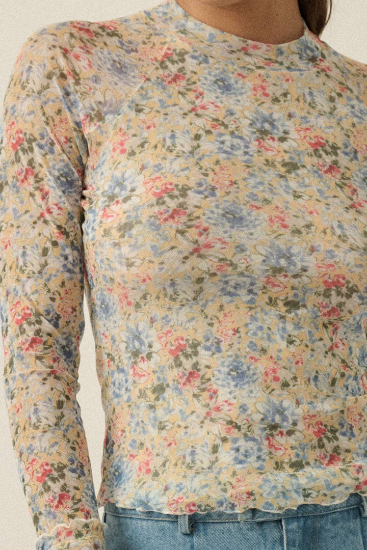 Floral-Print Mesh Mock-Neck Cropped Long-Sleeve Top