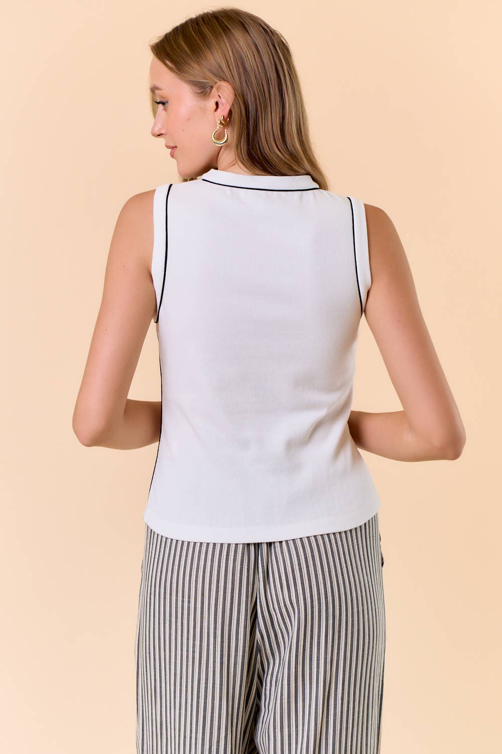 COTTON RIB ROUND NECK CONTRAST PIPING TANK - 44849T