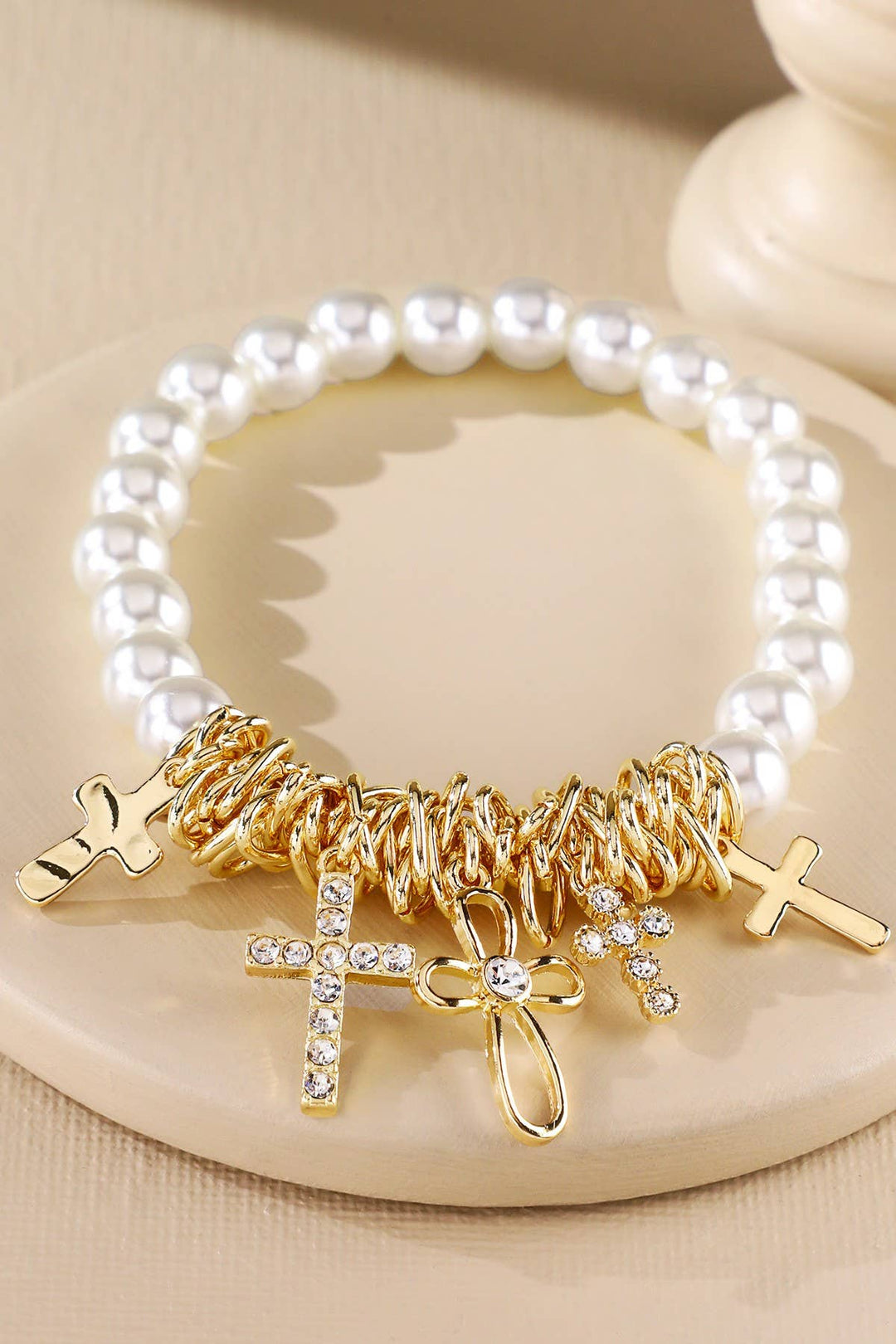 Pearl And Various Cross Charm Bracelet