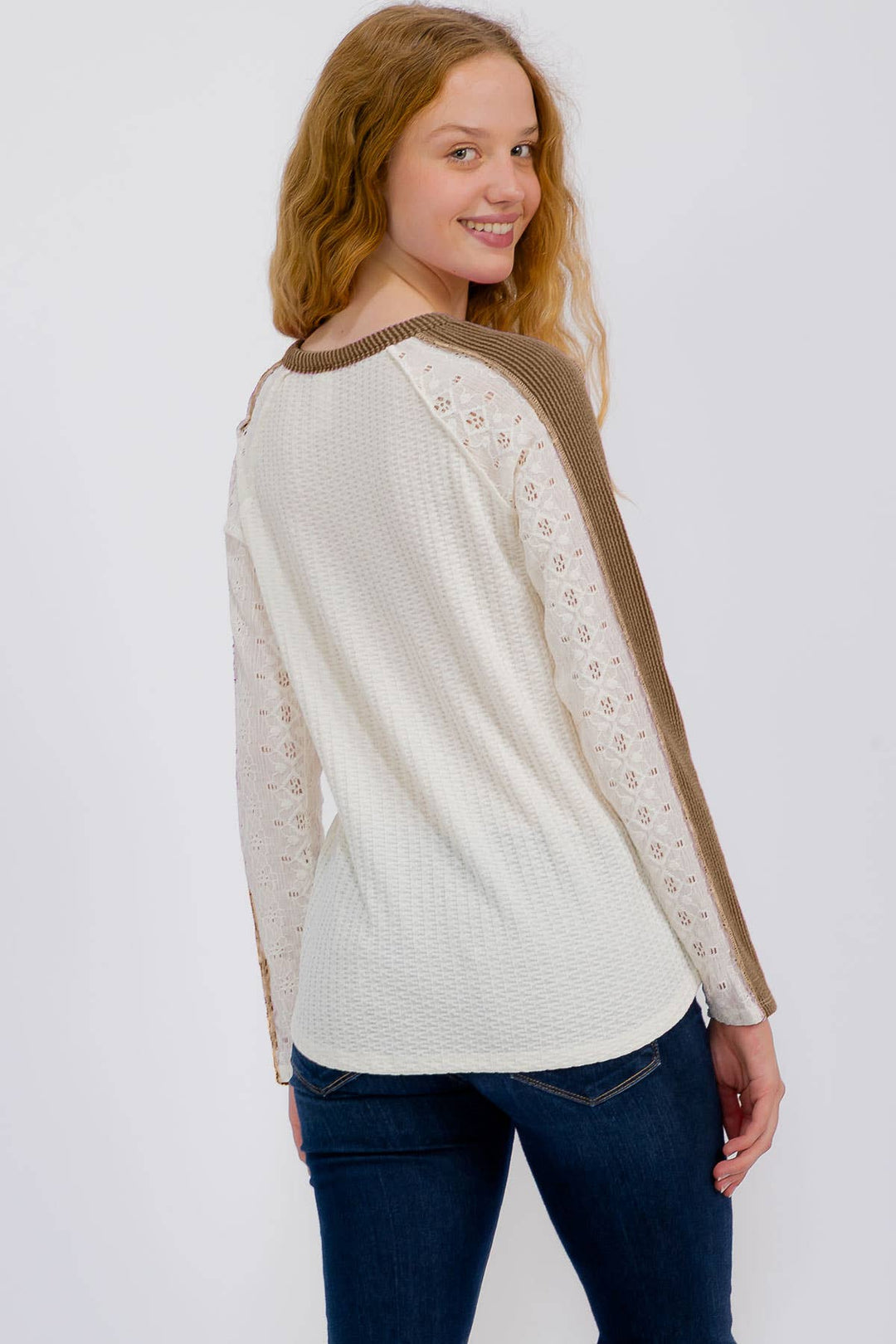 Waffle Knit Top With Eyelet Lace Sleeves