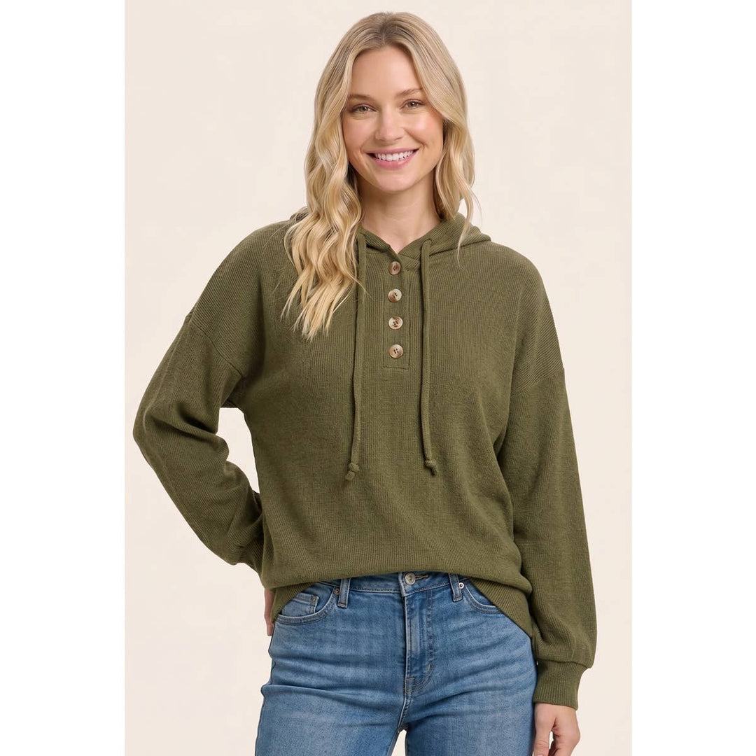 Brushed Rib Half Button Hoodie Top