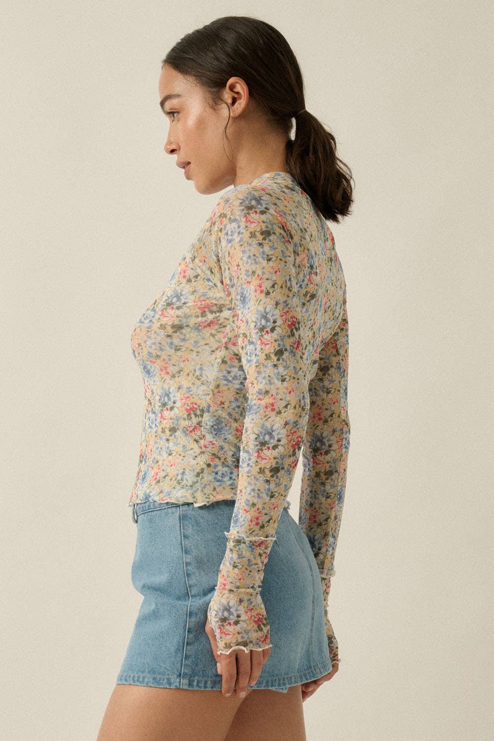 Floral-Print Mesh Mock-Neck Cropped Long-Sleeve Top