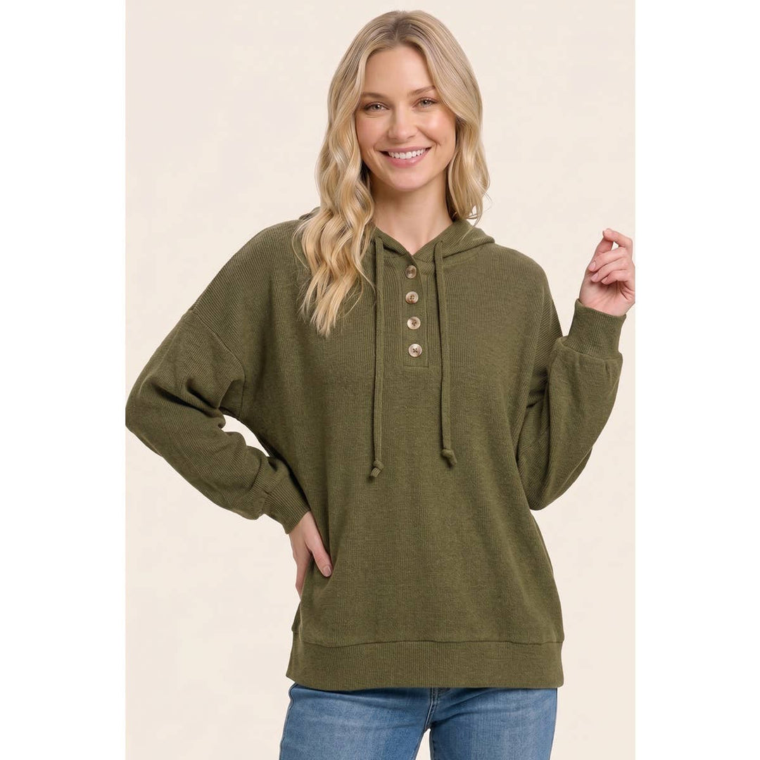Brushed Rib Half Button Hoodie Top