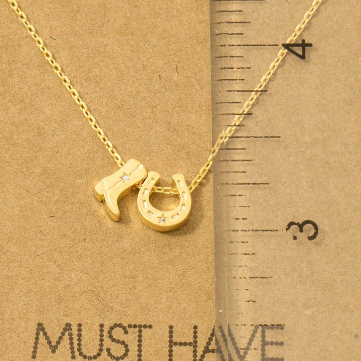 Gold Dipped Cowboy Boots Horse Shoe Charm Necklace