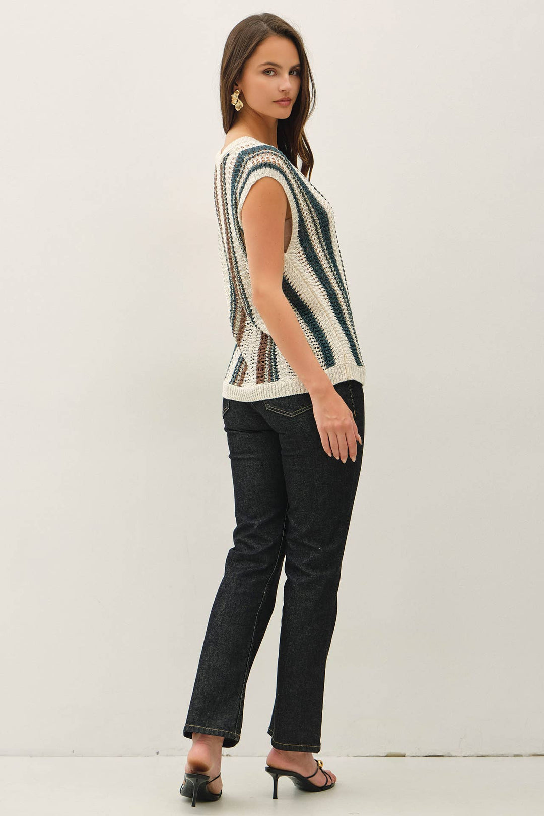 MIXED METALLIC YARN STRIPED HAND CRAFT CROCHET KNIT VEST