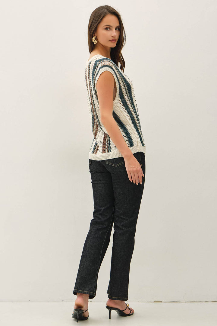 MIXED METALLIC YARN STRIPED HAND CRAFT CROCHET KNIT VEST