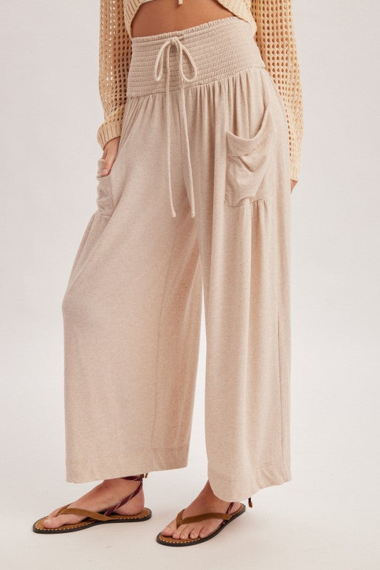 Smocked Waist Drop Pouch Pocket  Pants