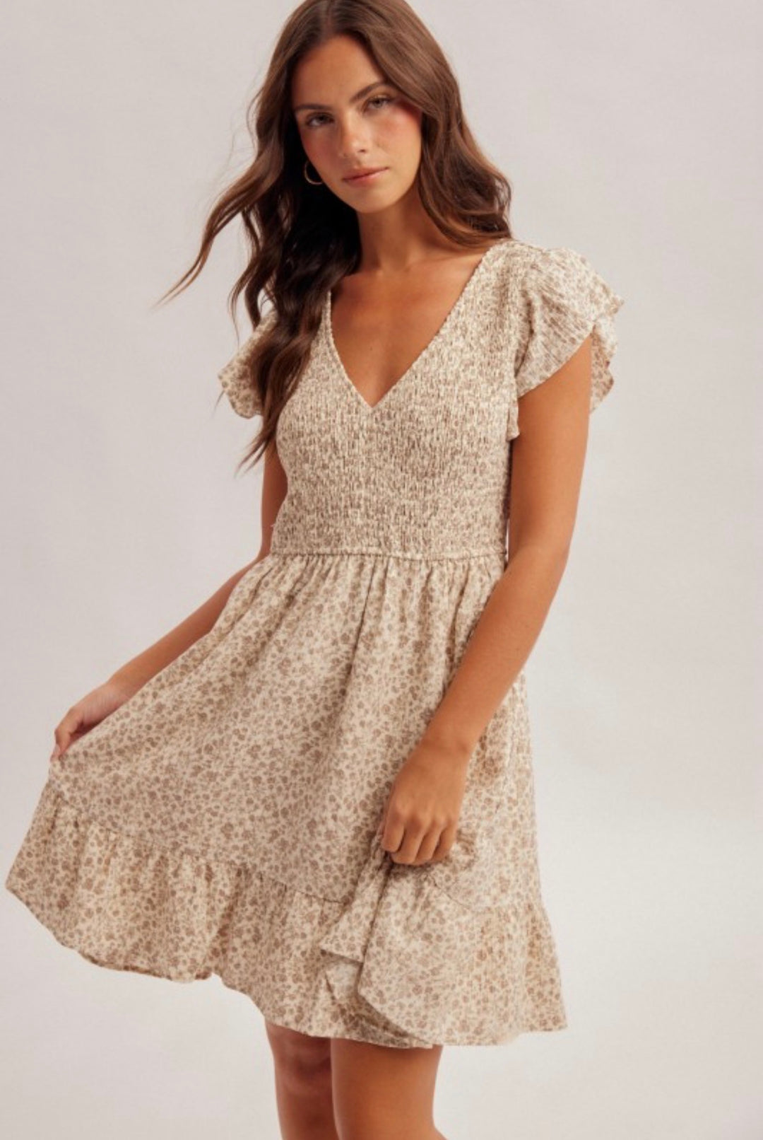 Taupe Floral Smocked Babydoll Dress