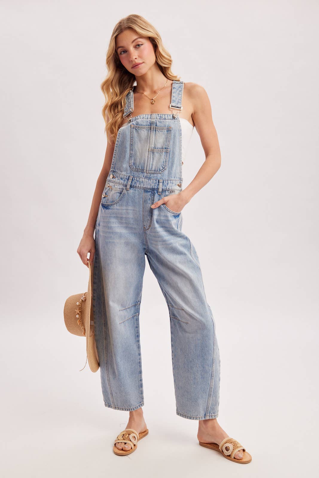 DENIM BARREL OVERALLS: DK.WASH / S