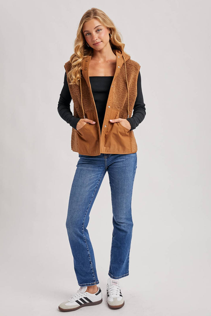 SHERPA FLEECE HOODED VEST WITH FAUX SUEDE INNER