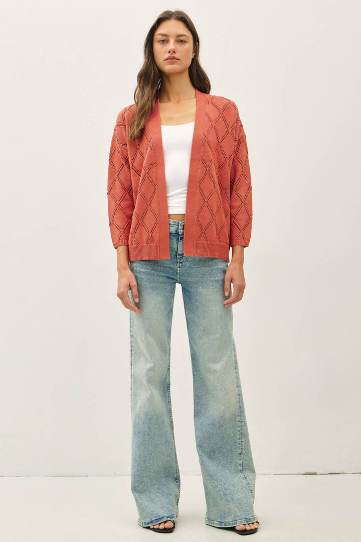 POINTELLE KNIT OPEN FRONT CARDIGAN