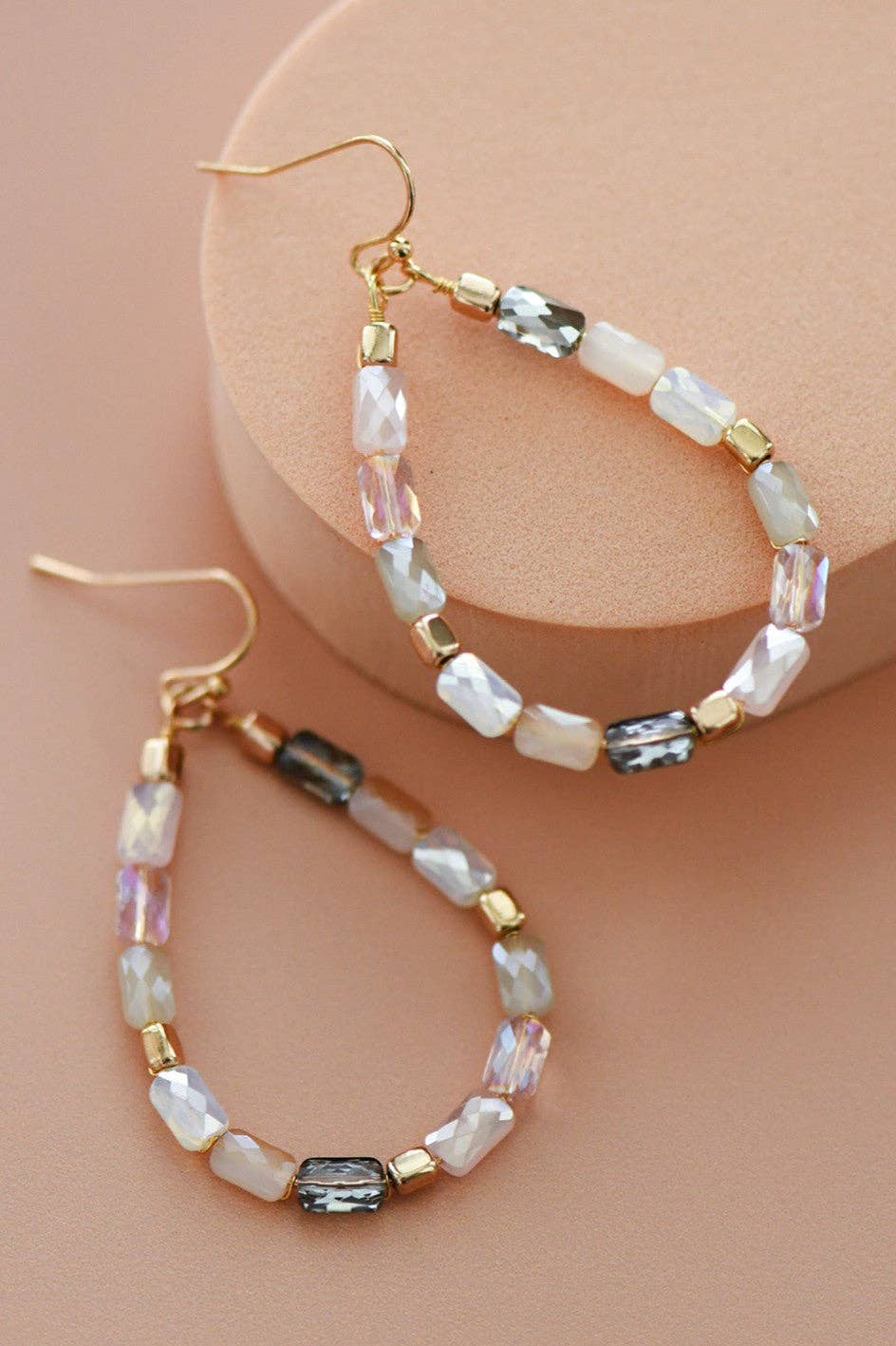 Teardrop Wire Beaded Glass Crystal Earrings - 7282