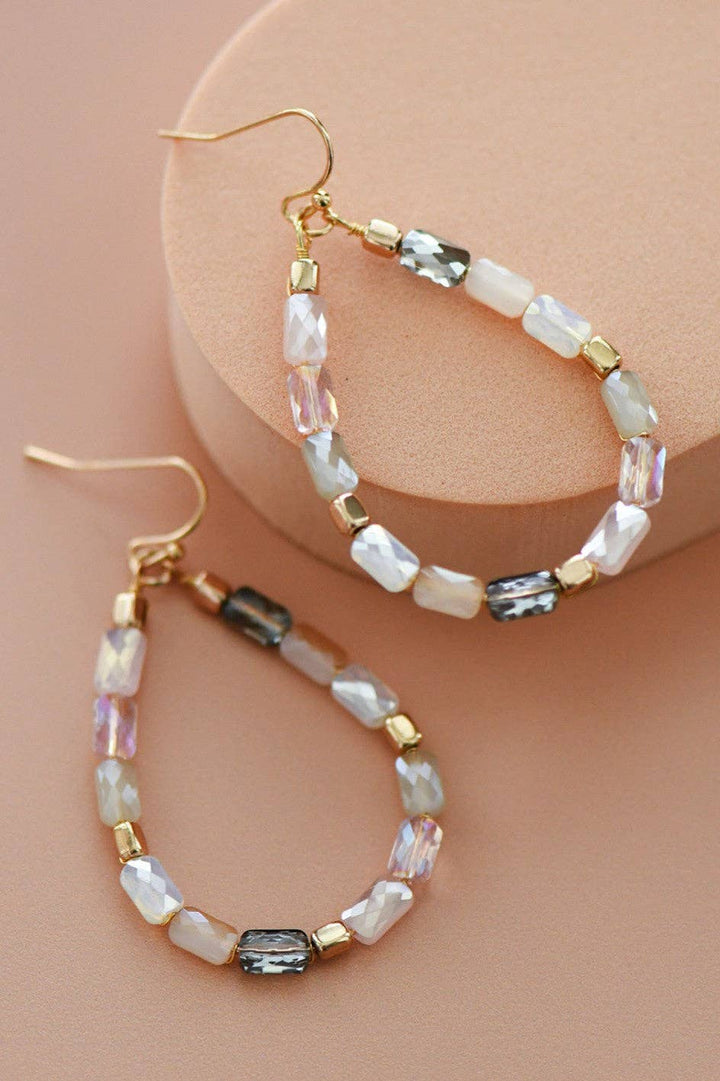 Teardrop Wire Beaded Glass Crystal Earrings - 7282
