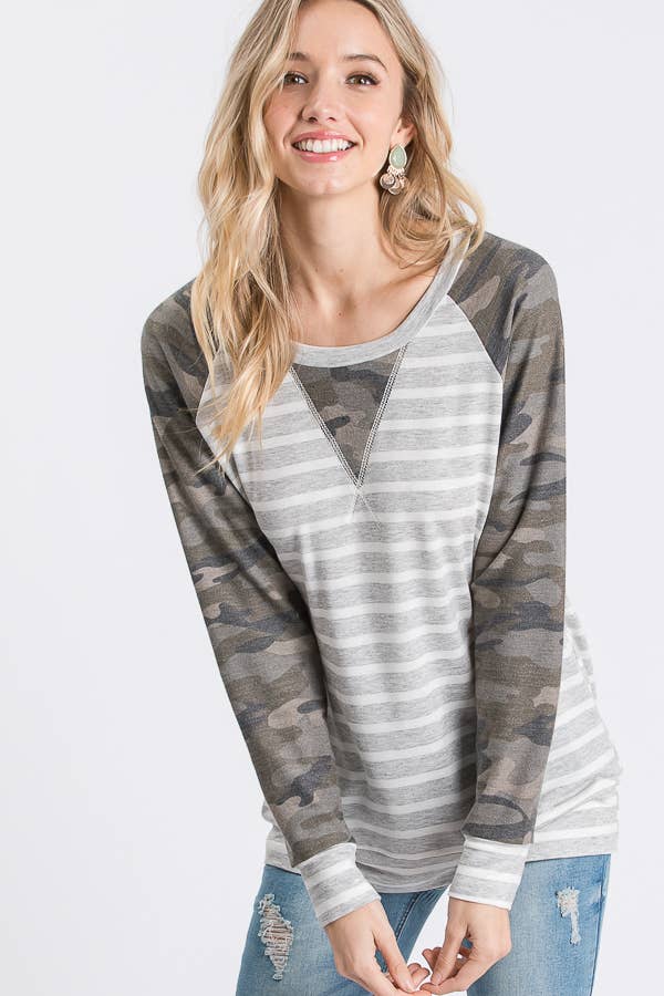 Striped Camo Print Raglan Top