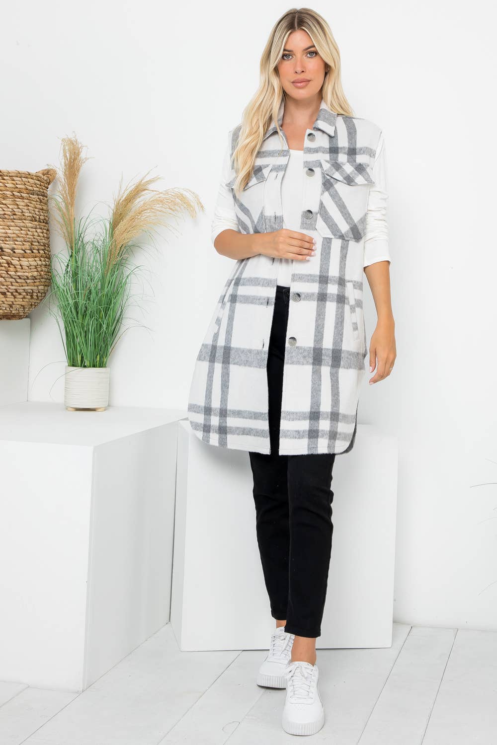 Plaid Print Long Vest