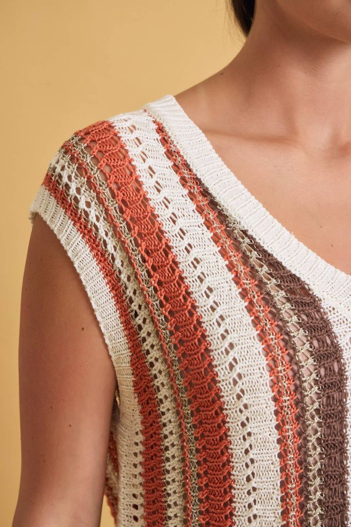 MIXED METALLIC YARN STRIPED HAND CRAFT CROCHET KNIT VEST