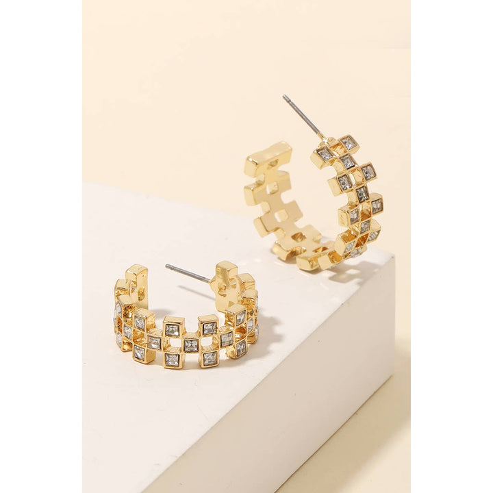 Checkered Rhinestone Squares Hoop Earrings