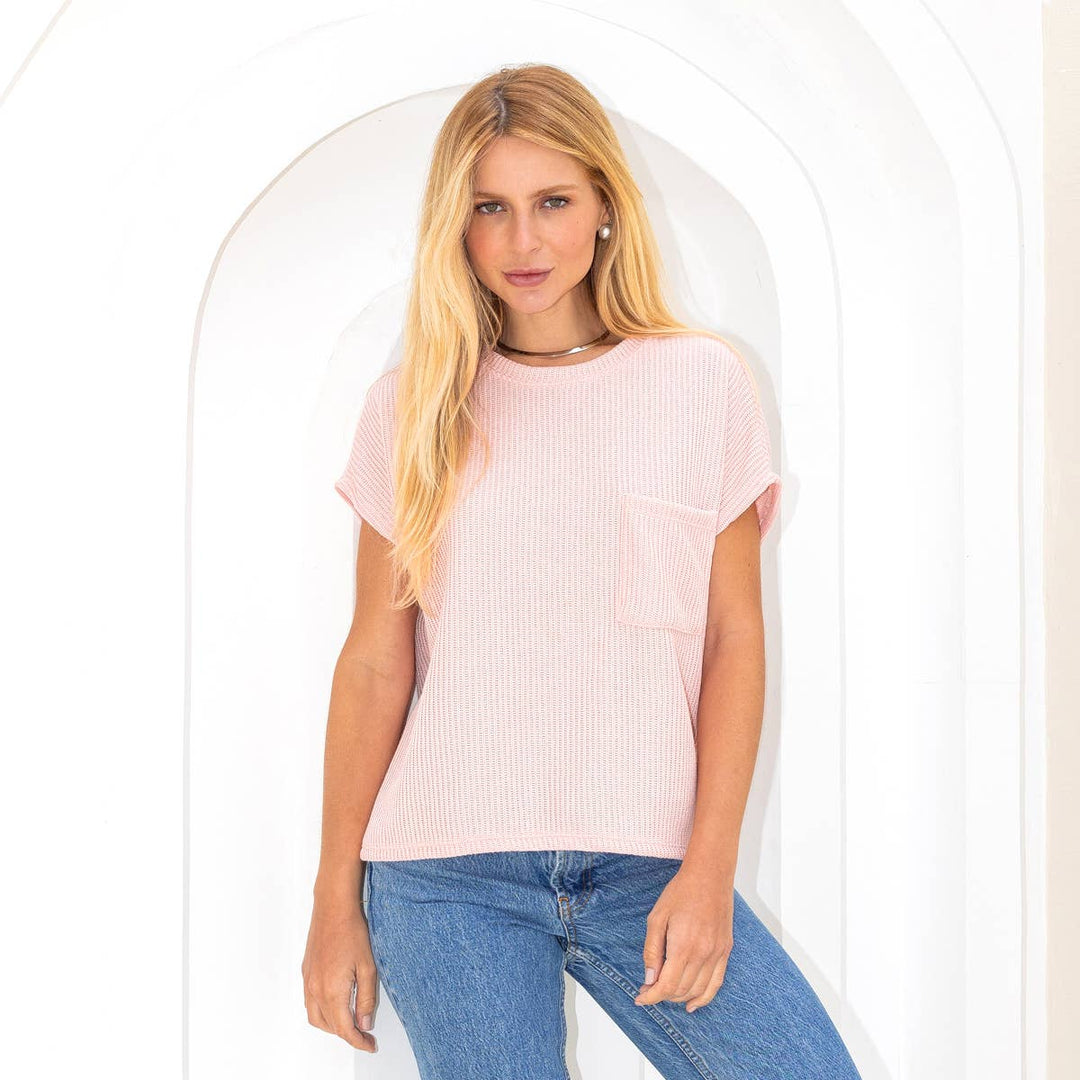 Knitted Solid Short Sleeve Top with Pockets