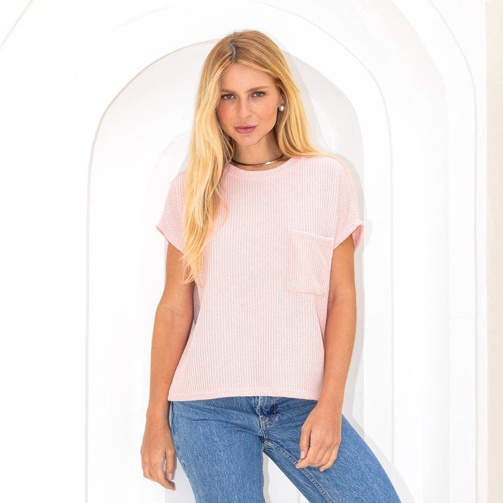 Knitted Solid Short Sleeve Top with Pockets