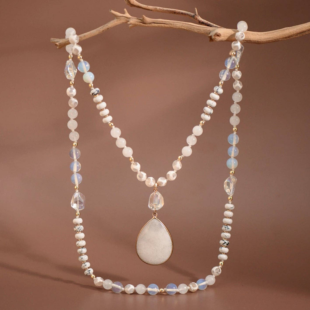 Stone Beaded Long Necklace, Large Stone Pendant - 7255