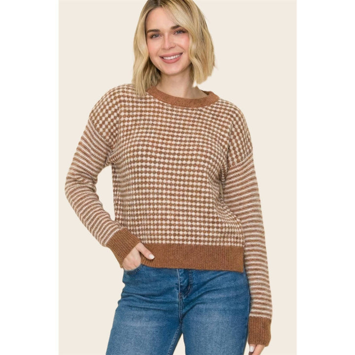 CHECKER BORAD AND STRIPE MIX MEDIA SWEATER