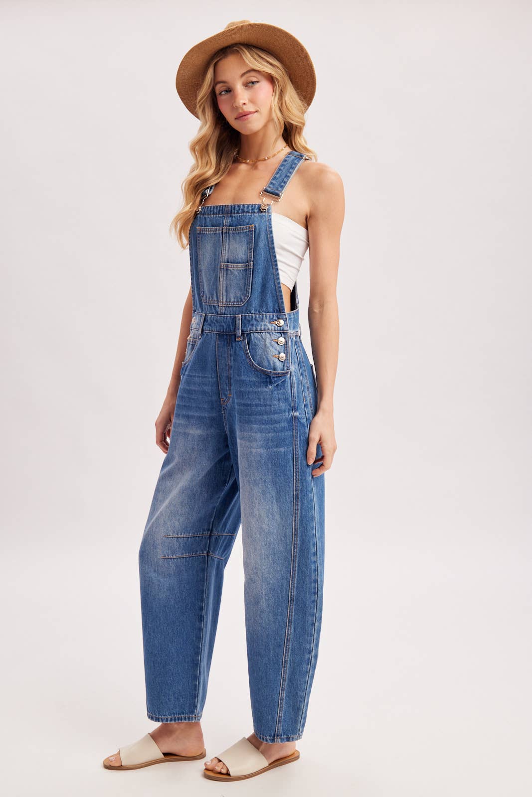 DENIM BARREL OVERALLS: DK.WASH / L