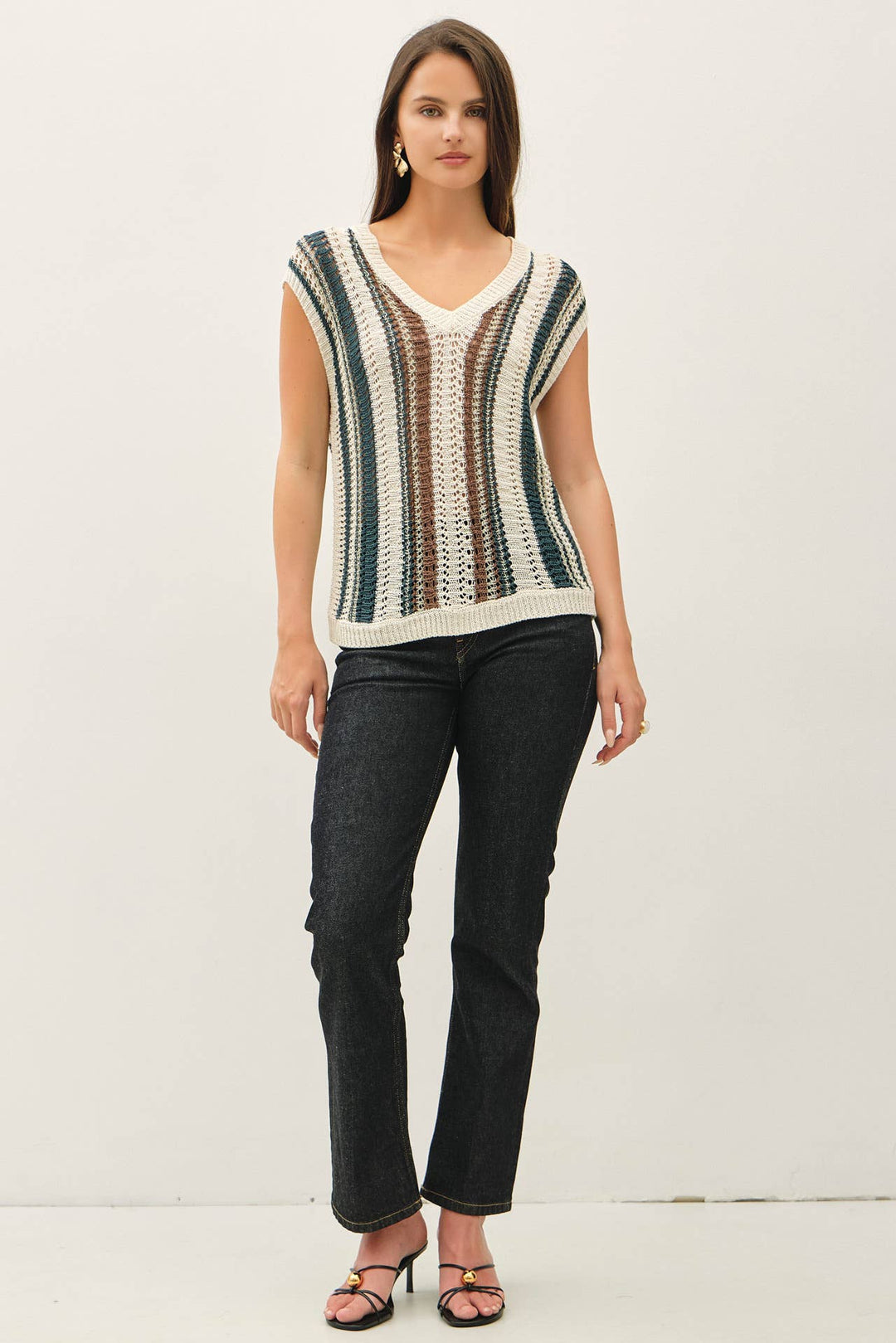 MIXED METALLIC YARN STRIPED HAND CRAFT CROCHET KNIT VEST