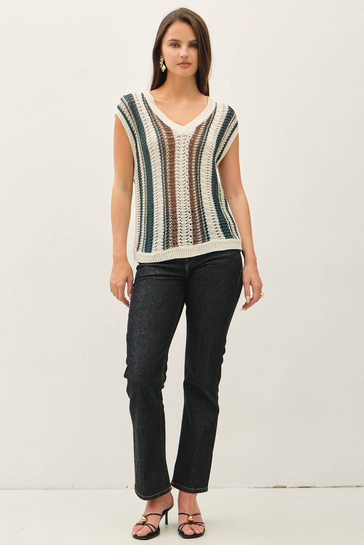 MIXED METALLIC YARN STRIPED HAND CRAFT CROCHET KNIT VEST