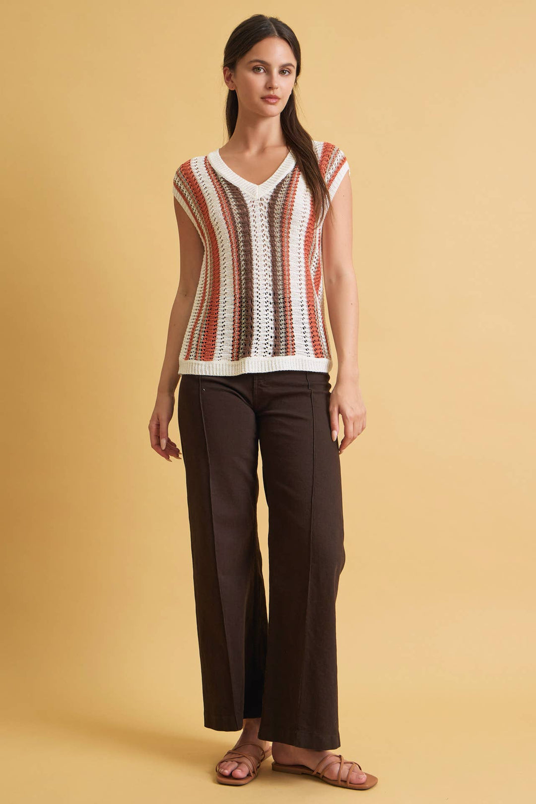 MIXED METALLIC YARN STRIPED HAND CRAFT CROCHET KNIT VEST