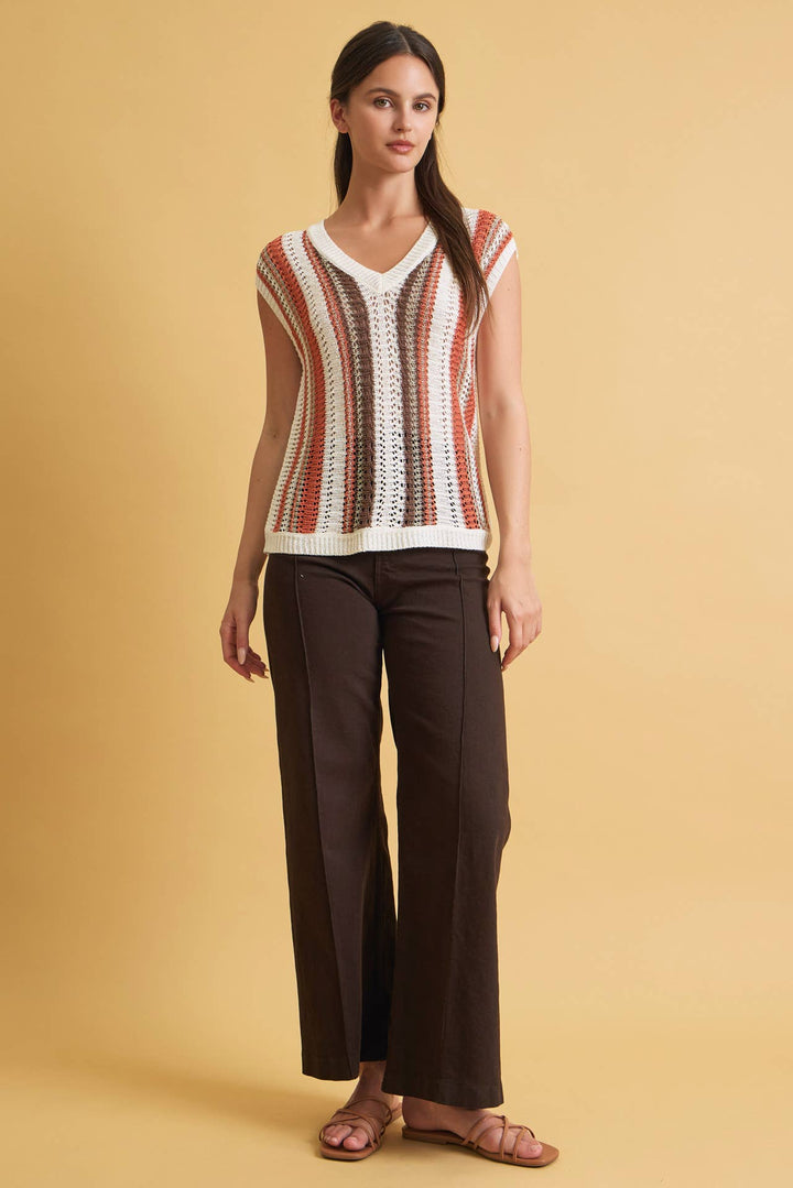 MIXED METALLIC YARN STRIPED HAND CRAFT CROCHET KNIT VEST