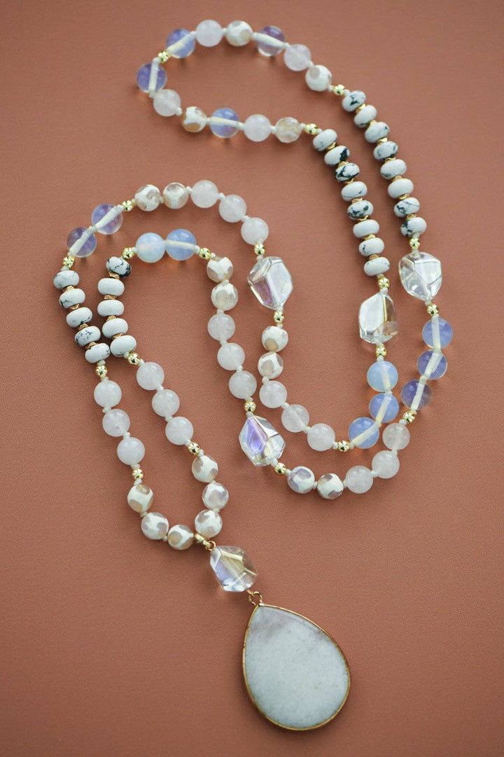 Stone Beaded Long Necklace, Large Stone Pendant - 7255
