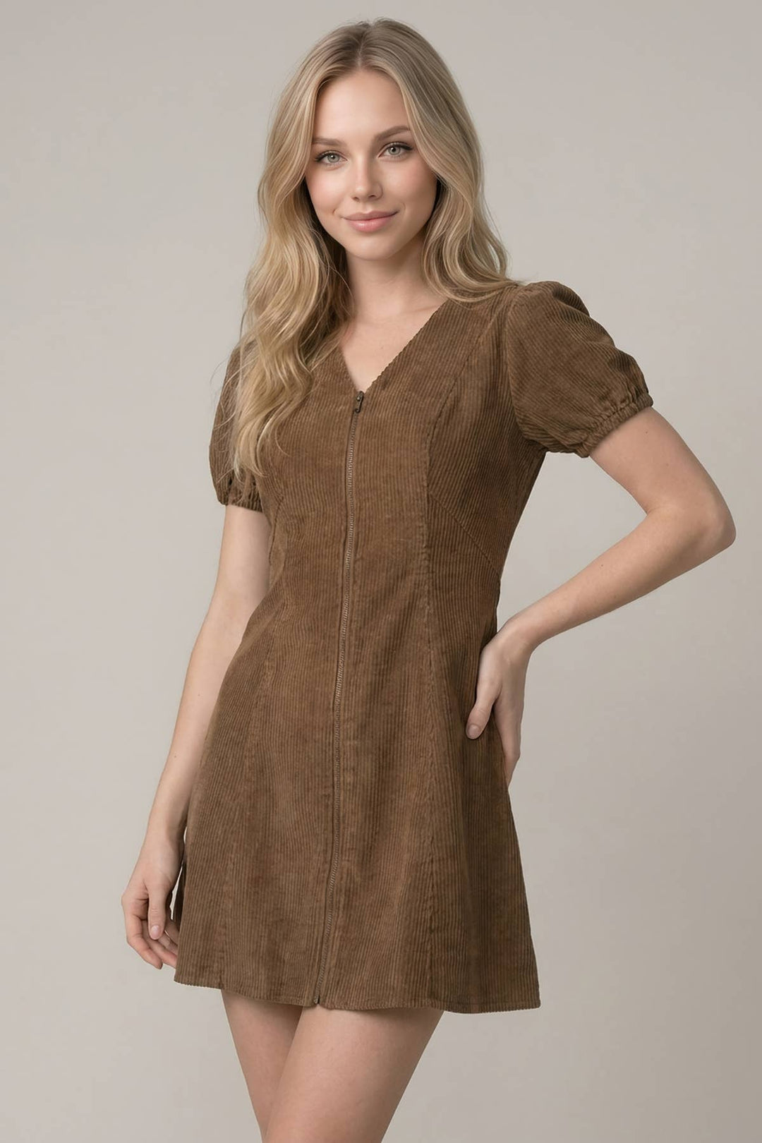 CORDUROY PUFF SLEEVE V-NECK FRONT ZIP-UP MINI DRESS - 28460D