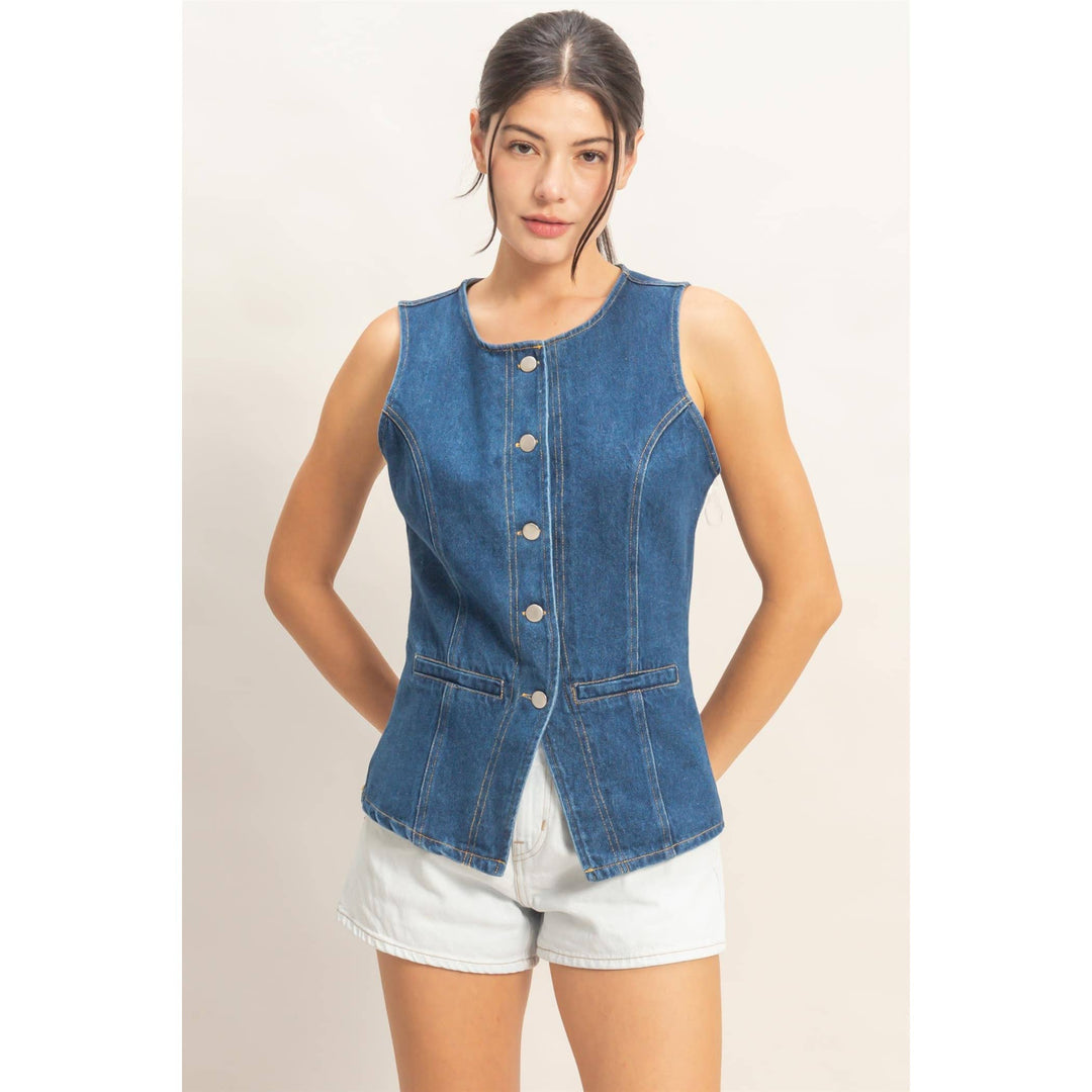 Button-Front Sleeveless Denim Vest