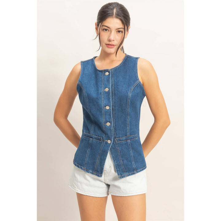 Button-Front Sleeveless Denim Vest