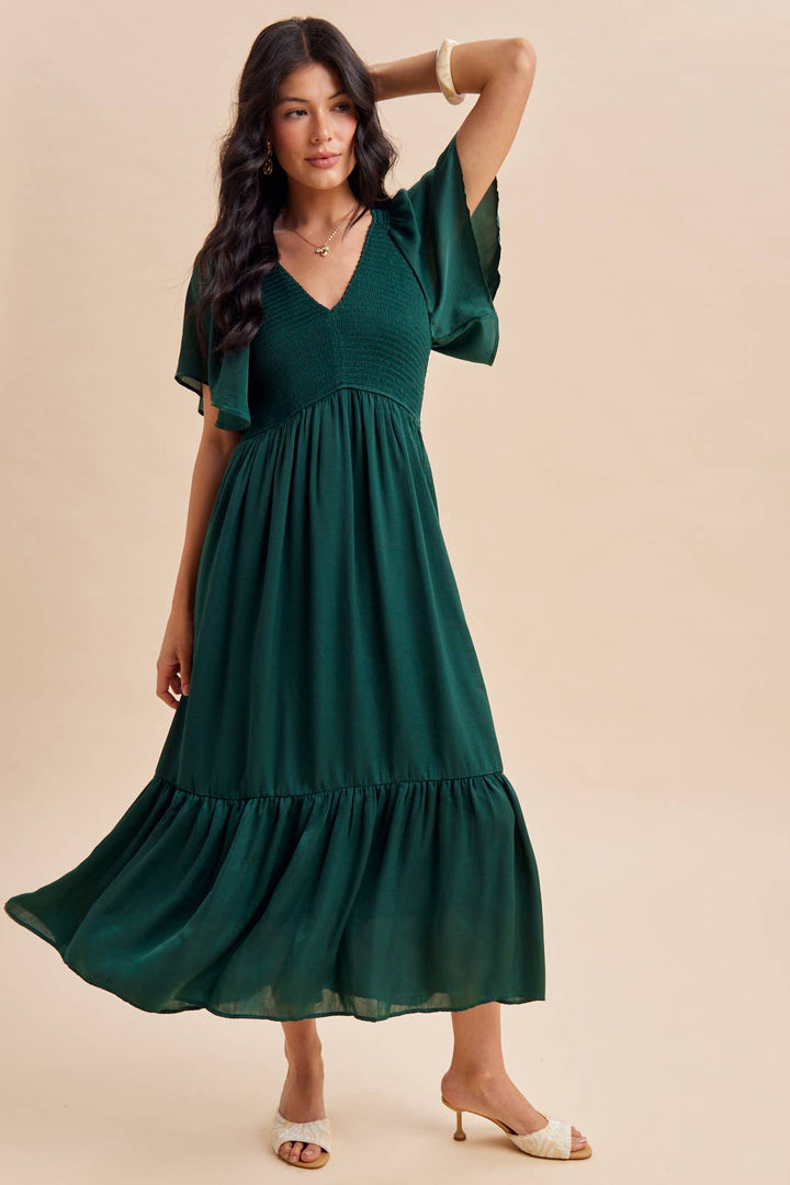 Smocked Washed Satin Dress