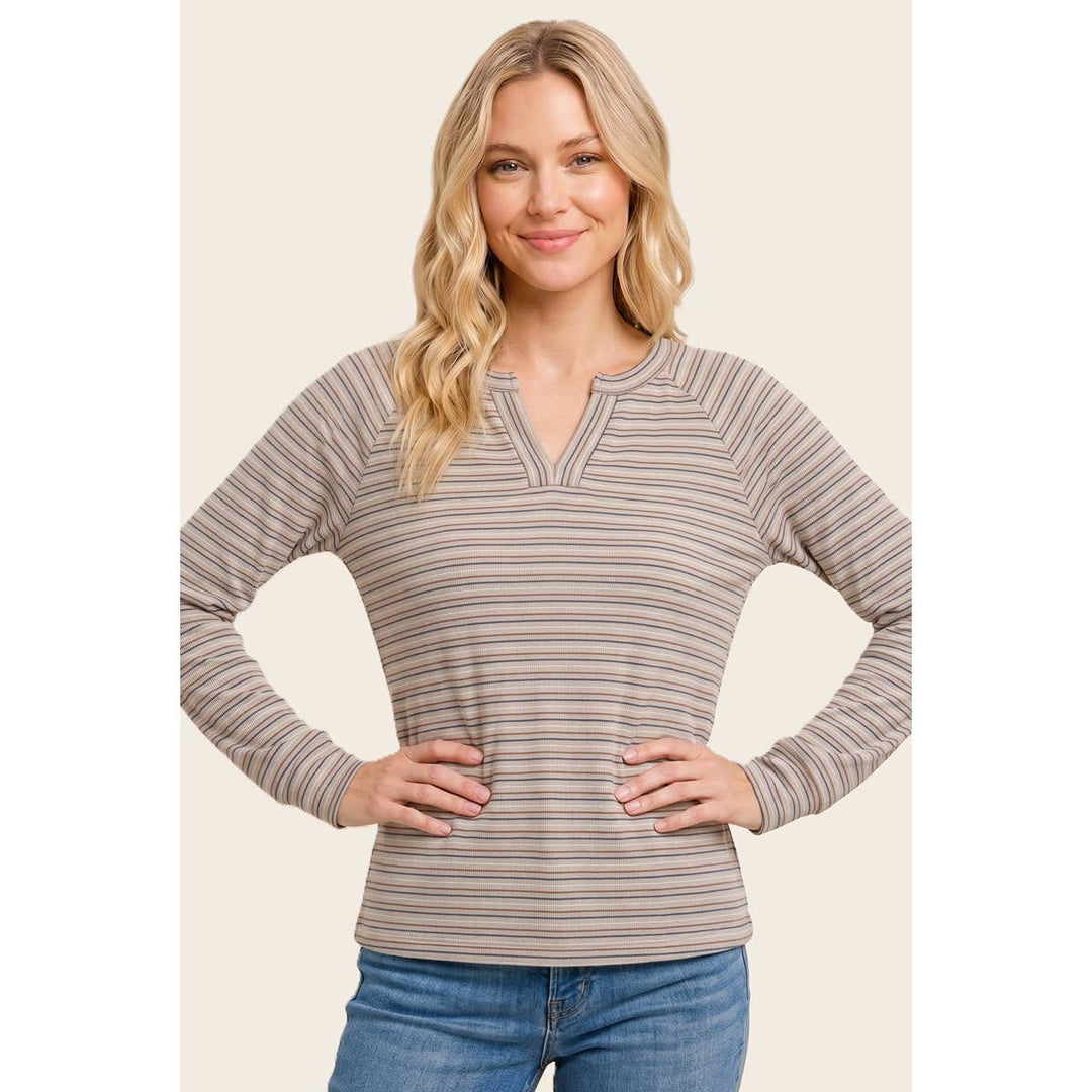 Split Neck Micro Brushed Stripe Top
