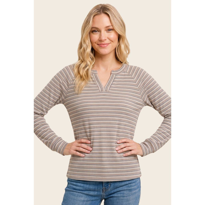 Split Neck Micro Brushed Stripe Top