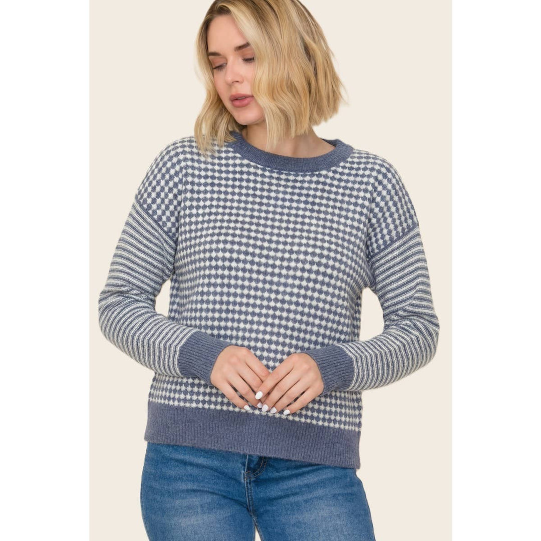 CHECKER BORAD AND STRIPE MIX MEDIA SWEATER