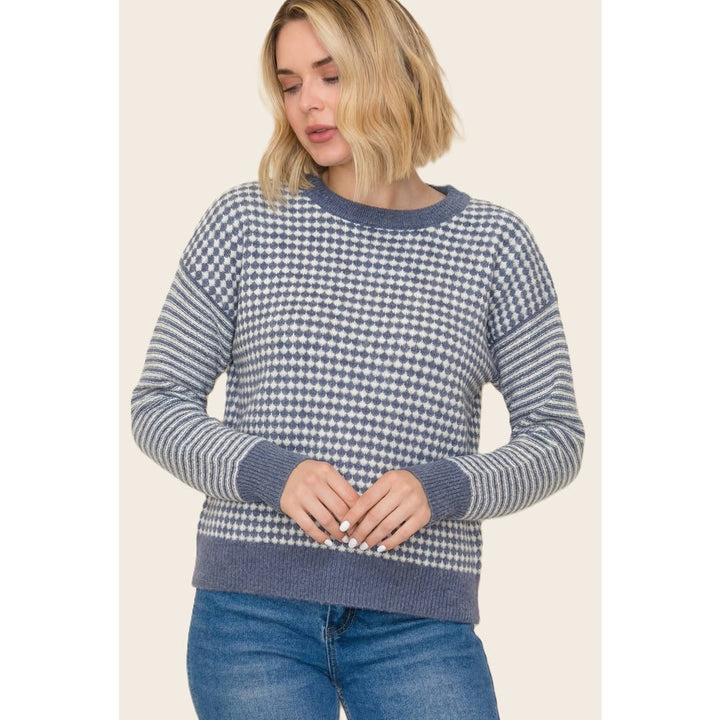 CHECKER BORAD AND STRIPE MIX MEDIA SWEATER