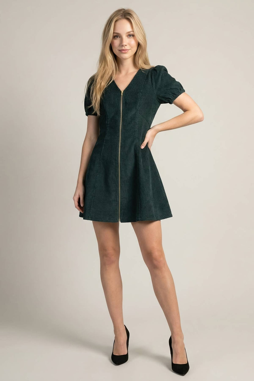 CORDUROY PUFF SLEEVE V-NECK FRONT ZIP-UP MINI DRESS - 28460D