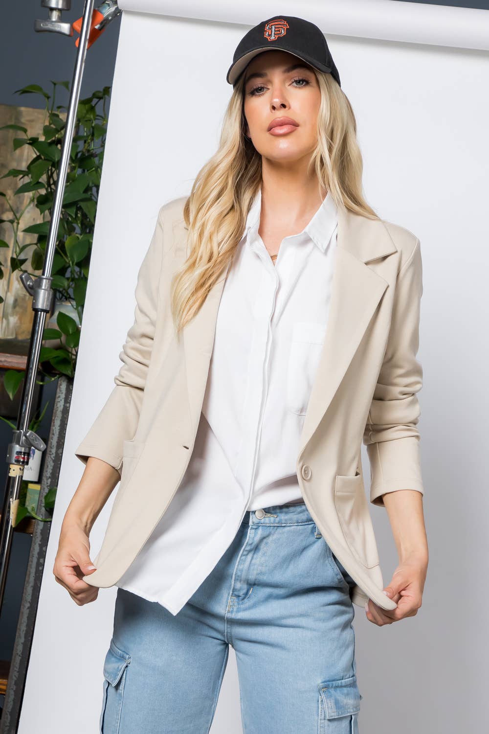 Ponte One Button Front /w Patch Pocket Blazer: Sage / S